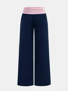 Teen Girls' Contrast Color Patchwork Knit Wide Waist Loose Fit Flare Pants, Comfortable Casual Versatile Trousers