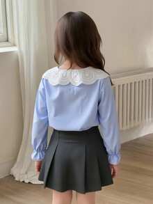 Elladie kids 新款时尚甜美蕾丝领白色长袖女式衬衫，百搭内搭 - 淺藍色 - 查看 2