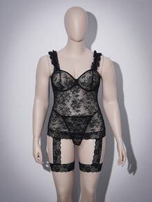 SHEIN 两件套加大码女士性感蕾丝吊袜带吊带裙和丁字裤内衣套装 - 黑色 - 查看 6