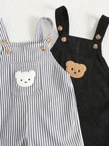 SHEIN 2件套可爱小熊条纹可调节肩带连体衣套装，男女宝宝通用，春夏款 - 黑色 - 查看 6