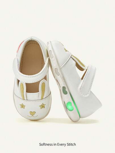 Cozy Pixies 1 Pair White Bunny Shoes, Glossy Texture 3D Rabbit Ear Embroidery Design, Hook And Loop Strap For Easy On/Off, Cute Cartoon, Soft & Comfortable, Fashion Versatile Princess Shoes, Light-Up Shoes