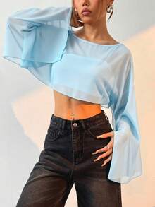 SHEIN EZwear 女士纯色圆领落肩长袖短款宽松上衣 - 淺藍色 - 查看 5