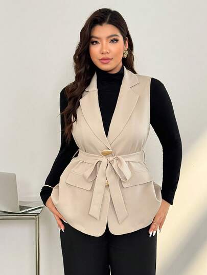 Auralis Plus-Size Women's Autumn/Winter Fashion Casual Loose Comfortable Everyday Basic Versatile Metal Buckle Apricot Vest Suit Jacket With Belt,Old Money Style,Fall Outfits,Office Wear,Business Style