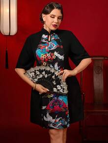 Auvina 大码女式印花新款中国风夏季连衣裙，短款中国风女装 - 黑色 - 查看 3