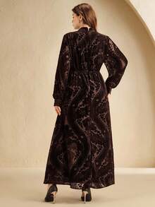 Anewsta 大码咖啡棕色植绒烧花A字连衣裙，立领 - 咖啡棕 - 查看 7