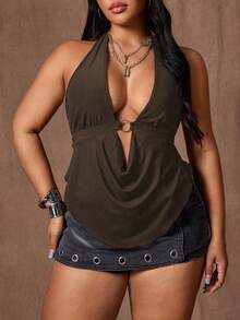 Rustia Plus Size Women's Sexy Backless Spaghetti Strap Camisole - Brown - View 1
