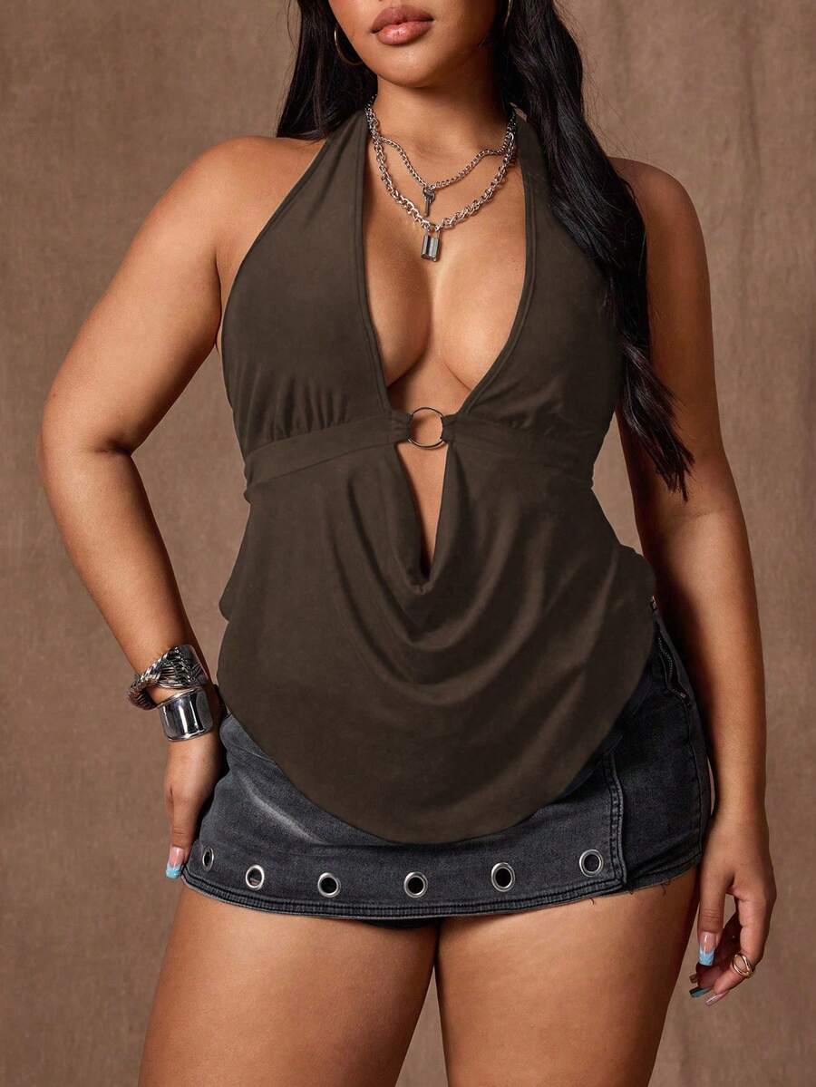 Rustia Plus Size Women's Sexy Backless Spaghetti Strap Camisole - Brown - View 1