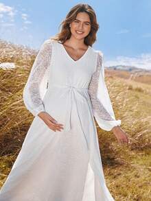 Boho Mama Spring Outfit Women Maternity Solid Color Long Sleeve V-Neck Contrast Lace Dress,White Lace Slit Maxi Dress For Pregnant Women - White - View 4