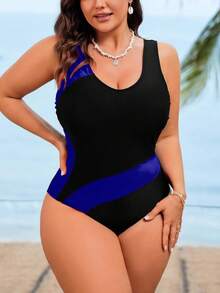 Swim SPRTY 大码女式撞色无袖圆领连体泳衣，休闲沙滩度假 - 寶藍色 - 查看 5