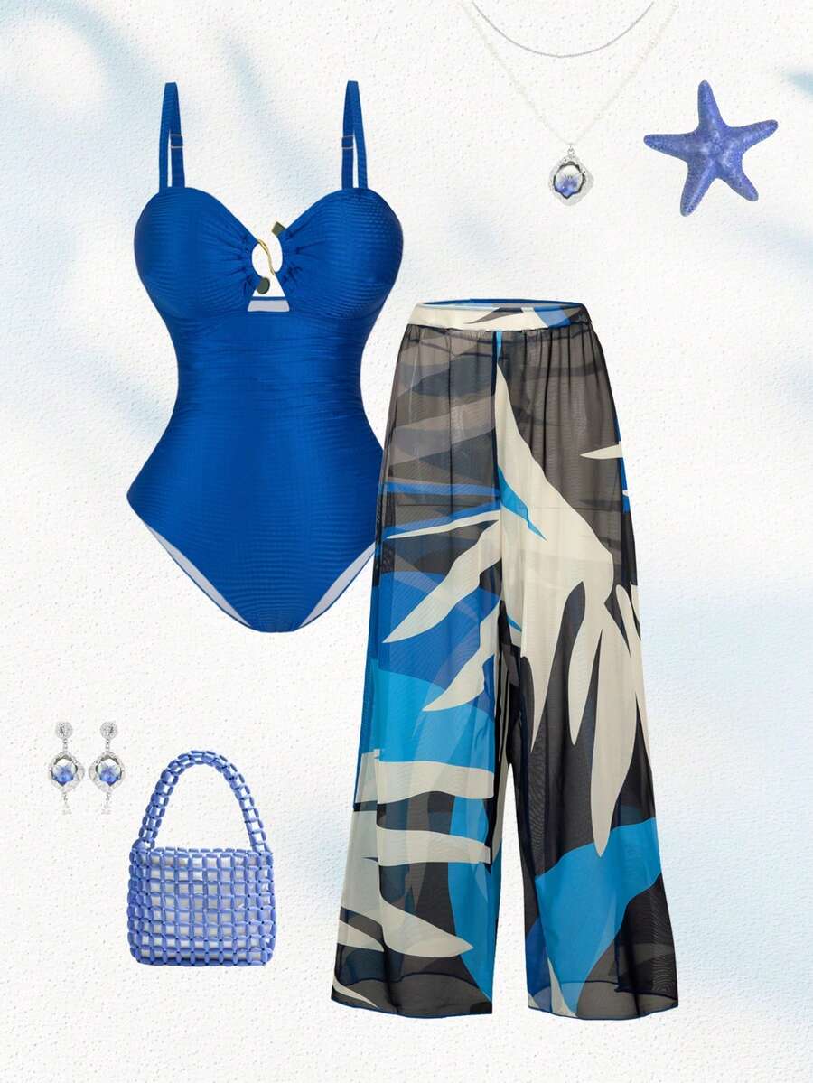 Swim Oasis 大码女式绿色提花面料休闲度假吊带低领连体泳衣配沙滩罩衫两件套泳装 - 藍色 - 查看 1