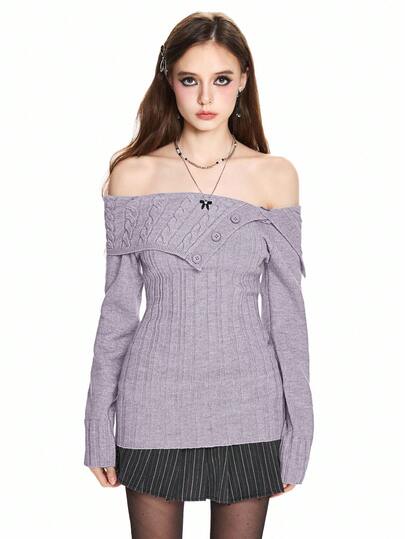 Pull tricoté côtelé style Y2K avec épaules dénudées et ceinture à la taille