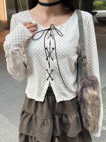 FRIFUL 女士圆领波点修身前襟交叉系带休闲T恤，白色波点上衣 - 白色 - 查看 6