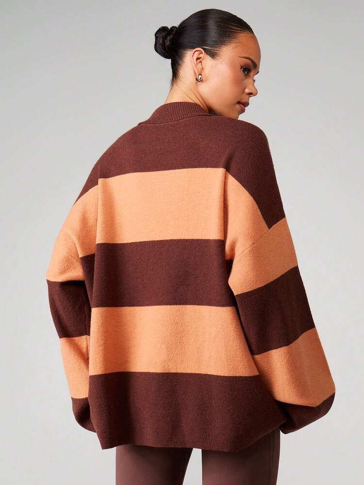 MISSGUIDED Oversized Striped Rugby Sweater With Button Placket And Ribbed Collar For Casual Fall Winter Layering