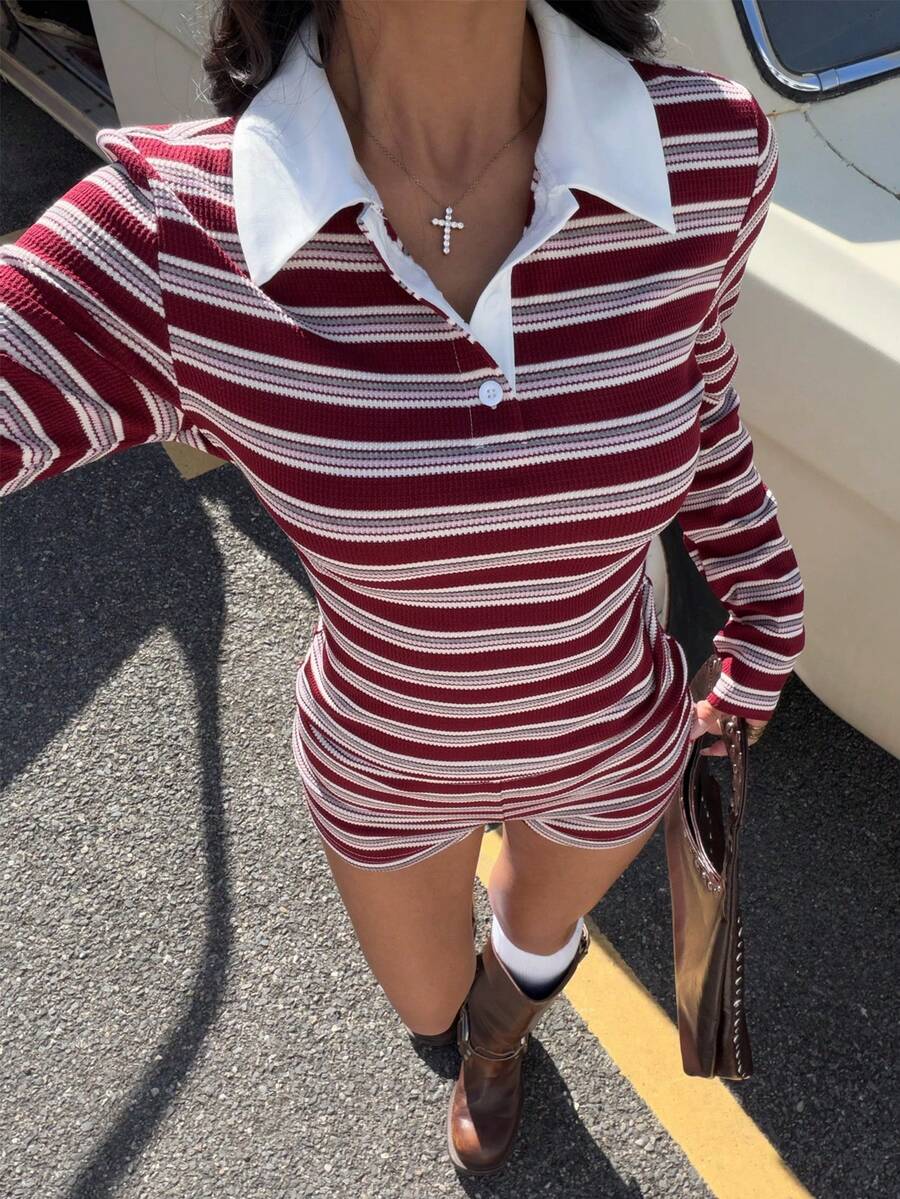 SHEIN EZwear 女士纹理针织 Polo 领长袖 T 恤和超短裤套装 - 紅白色 - 查看 1