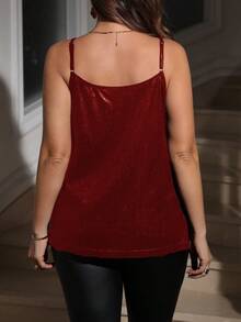 SHEIN Clasi Plus Size Women's Christmas Knit Black V-Neck Regular High Heel Sexy Spaghetti Strap Camisole Red Sequin Top - Red - View 2