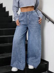 SHEIN Teen GirlLoose Straight Leg Blue Jeans - Medium Wash - View 6