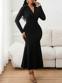 SHEIN Lady Women's Solid Color V-Neck Long Sleeve Ruched Elegant Waist-Cinched Maxi Fishtail Dress, Suitable For Parties And Events - Black - View 6