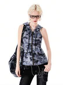 Bloopia 女士迷彩印花无袖连帽拉链开衫 - 彩色 - 查看 5