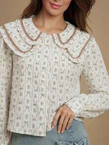 WESTFADE Floral Bow Stripe Double Layer Ruffle Peter Pan Collar Button Front Long Sleeve Blouse Top - Pink - View 4