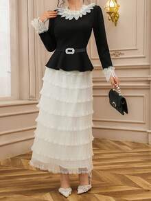 DAZY 2件套优雅法式花卉网纱拼接迷你连衣裙，女装 - 黑色 - 查看 7