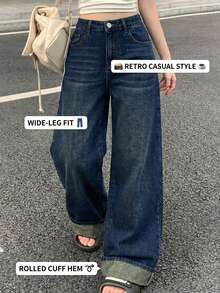 Sparklyn 1pc Classic Casual Durable Dark Blue Straight Leg Jeans For Teen GirlSmooth Comfortable Fabric, Versatile & Durable Design, Suitable For School, Commute & Multipurpose Wear, Straight Leg Fit For Spring & Autumn