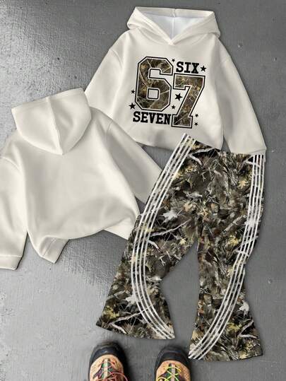 SHEIN Bộ 2 món phong cách Y2K Hiphop dành cho bé trai, áo hoodie và quần ống loe in số 67, dáng rộng, chất liệu dày dặn, thoải mái, thích hợp cho mùa thu/đông.