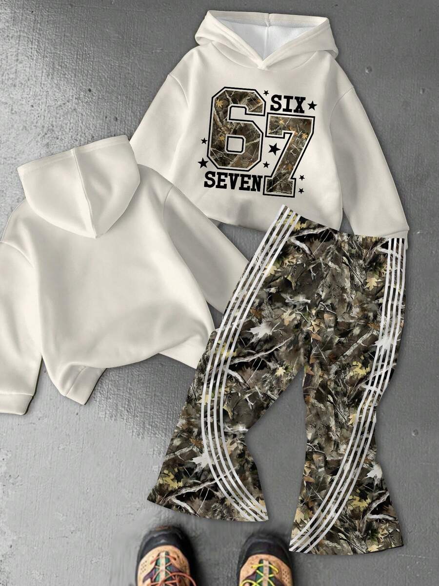 SHEIN 两件套男童Y2K嘻哈风休闲数字67印花连帽衫和喇叭裤套装,宽松版型,厚实舒适,适合秋冬季穿着 - 彩色 - 查看 1