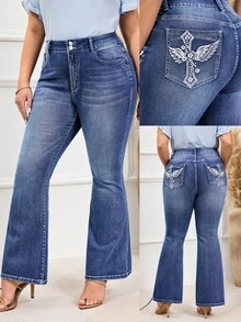 EMERY ROSE Plus Size Women's Slim Fit Flare Leg Embroidered Jeans Winter New Year - Medium Wash - View 1