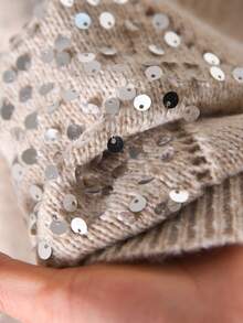 CosyJoli Áo len dệt kim họa tiết hình thoi đính sequin thời trang cỡ lớn, thích hợp mặc mùa thu/đông, áo len lấp lánh cho nữ. - Màu be - Xem 6