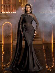 Glamrae 优雅、浪漫、时尚、简约咖啡色、弹力网纱面料、鱼骨装饰、长袖、鱼尾下摆、拖尾、时尚、网红、节日、度假、生日派对、婚礼、正式晚礼服 - 咖啡棕 - 查看 3