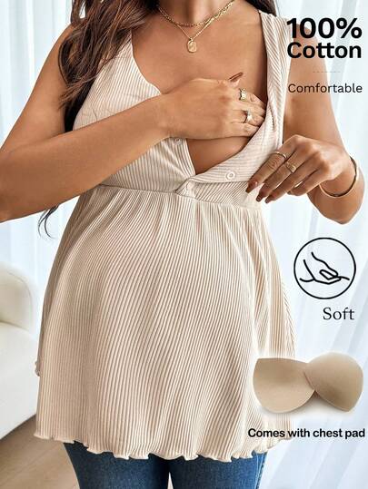 SHEIN Apricot-Colored Nursing Vest, Half-Open Ribbed Maternity Camisole, Casual And Versatile, With Breast Pads, Suitable For Breastfeeding Women, Maternity Top, Ribbed Top, Summer Top. Women's Nursing Dress, Nursing Dress, Maternity Set, Vest Suitable For Maternity Wear.