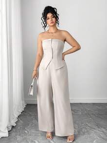 SHEIN Elenzya Plus Size Elegant Commuter Solid Color Tube Top And Pants Two Pieces Set, Summer - Light Grey - View 4
