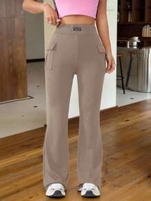 SHEIN EZwear 女式针织口袋设计纯色喇叭裤 - 卡其色 - 查看 4