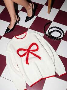 lacRébo Cosy Oversized Jumper With Red Bow Front Detail Cute Spring Summer  New Year White Sweater - Red and White - View 1