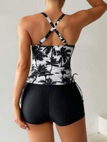 Trajes de baño para mujer Primavera/Verano 2026 - Ropa de playa para vacaciones de verano trajes de baño mujer ¡Traje de Baño 'Palmeras'! Estilo Verano Mexicano: Top Ajustable + Shorts Comodos para Playa o Piscina" - Negro - Ver 3
