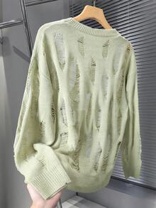 Manfinity Homme Men's Semi-Sheer Green Knitwear Round Neck Sweater With Ripped Details Drop Shoulder Long Sleeve Regular Fit - Green - View 2
