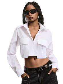 LYSMO Summer Outfits Flap Pocket White Button Front Crop Shirt - White - View 4