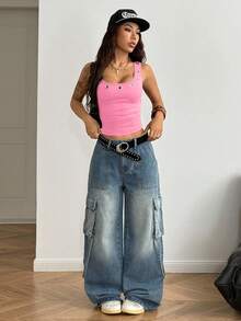 StreetHx 街头风女款朋克金属风黑色无袖铆钉装饰休闲背心 - 粉色 - 查看 5