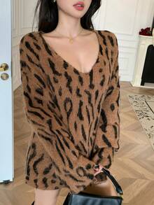 DAZY Suéter elegante de mujer con estampado de leopardo y cuello en V, otoño/invierno - Marrón - Ver 6