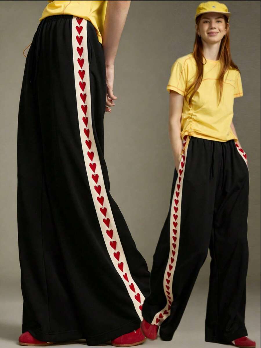 Elnivra Preppy Style Y2K Women's New Retro Black Wide Leg Drawstring Pants, Elastic Waist Loose High Waist Pants With Heart Woven Belt, Collegiate & Hip Hop Style Sweatpants - Black - View 1