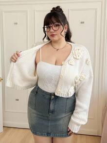 Comfortcana 大码休闲圣诞手工花卉V领落肩长袖纽扣针织开衫 - 米色 - 查看 11