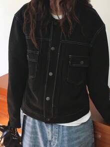 DAZY Women's Casual Single-Breasted Denim Jacket With Pockets, Autumn - Black - View 6