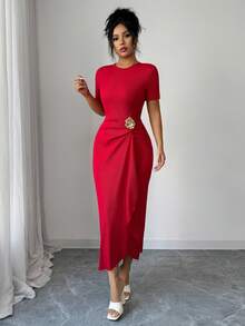 Elenzga Vestido elegante con decoración floral metálica, drapeado y fruncido, apropiado para fiestas, bodas, San Valentín. Vestido rojo de moda para la primavera/verano temprano y uso casual diario - Rojo - Ver 5