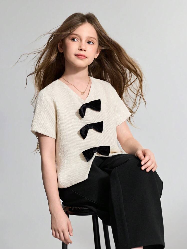 Tween Girl Bow Decor Tweed Short Sleeve Shirt & Pants Casual Outfit