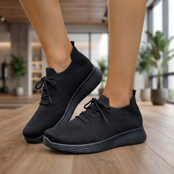 Mujer Zapatillas Deportivas De Tejido De Punto Transpirable Con Cordones Suela Gruesa Negro