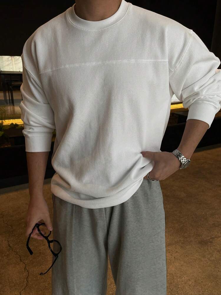 Men's Patchwork Design White Round Neck T-Shirt, Spring/Autumn