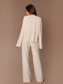 Lazeform Women's Casual Fuzzy Knit Crew Neck Button-Up Long Sleeve Pants Loungewear Set Cozy Sets Women 2 Piece Lounge Sets Woman Lounge Wear Women Set Long Sleeve Lounge Set - Apricot - View 2