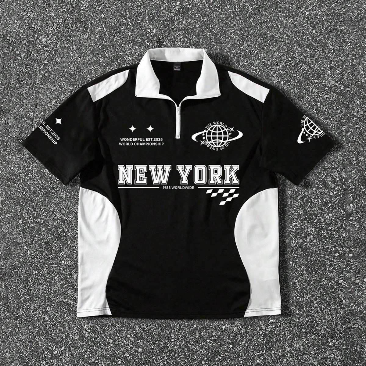 Camisa polo casual para hombre con bloques de color e impresión de eslogan, camiseta de fútbol y fútbol americano de manga corta de jersey azul cla