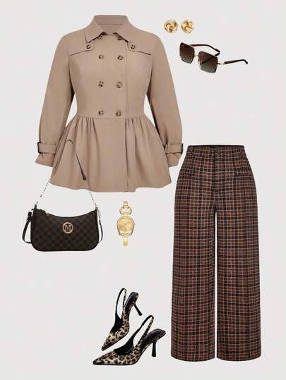 SHEIN MOD Plus Size Vintage Lapel Long Sleeve Cinched Waist Flared Hem Khaki Casual Khaki Neutral Tan Professional Trench Coat,/Winter