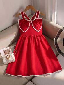 Tween Girls' Elegant Commuter Princess 3D Bow Accent White Contrast Trim Criss-Cross Simple Doll Dress - Red - View 1